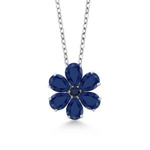 Gem Stone King 925 Sterling Silver 10K Yellow Gold Blue Sapphire Flower Pendant